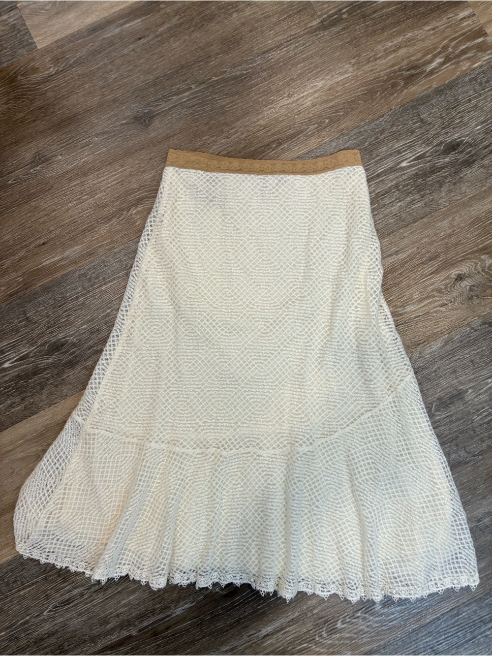 Free People Cream Lace A-Line Midi Skirt with Tan Waistband - Picture 7 of 8